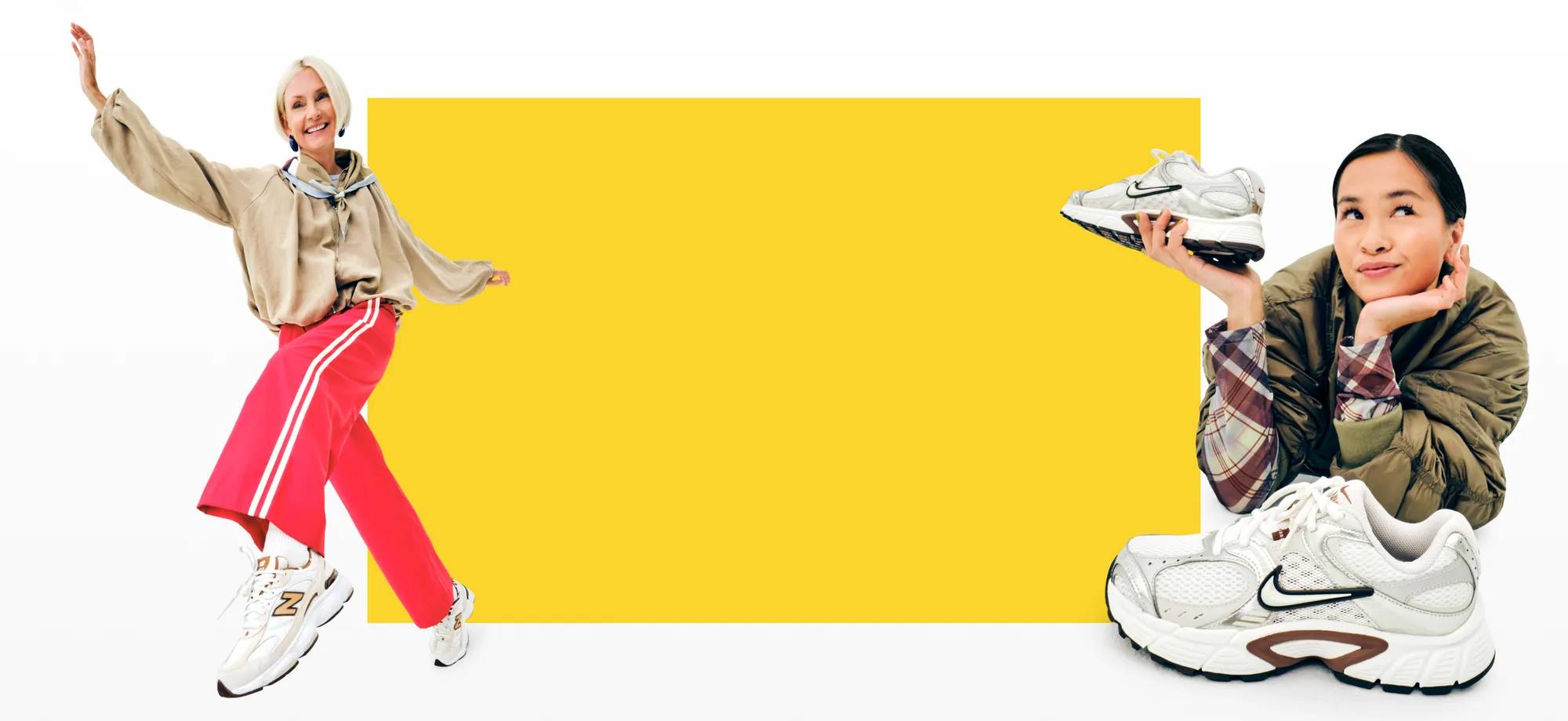 Featuring two women sporting retro sneakers for fall.