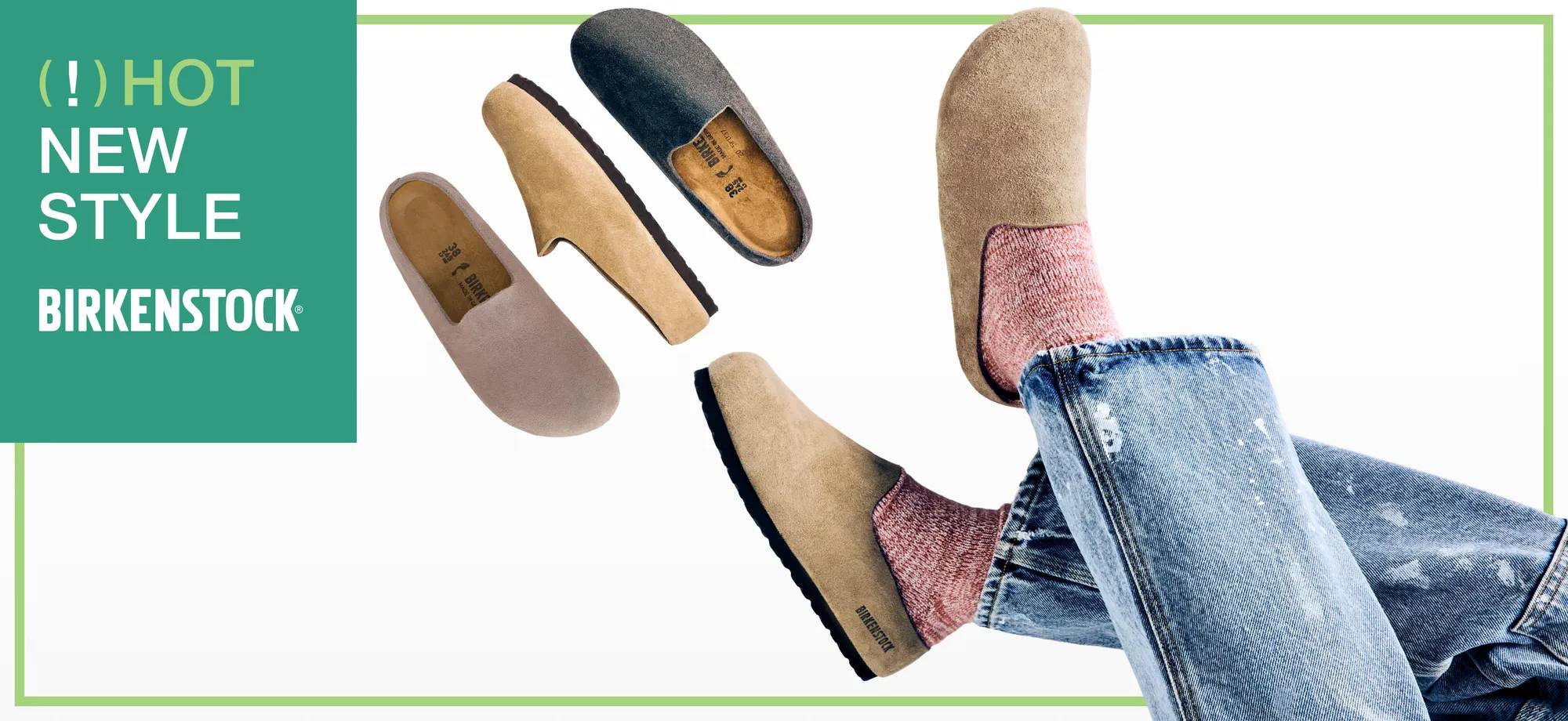 Featuring an assortment of the Birkenstock Amsterdam slides.
