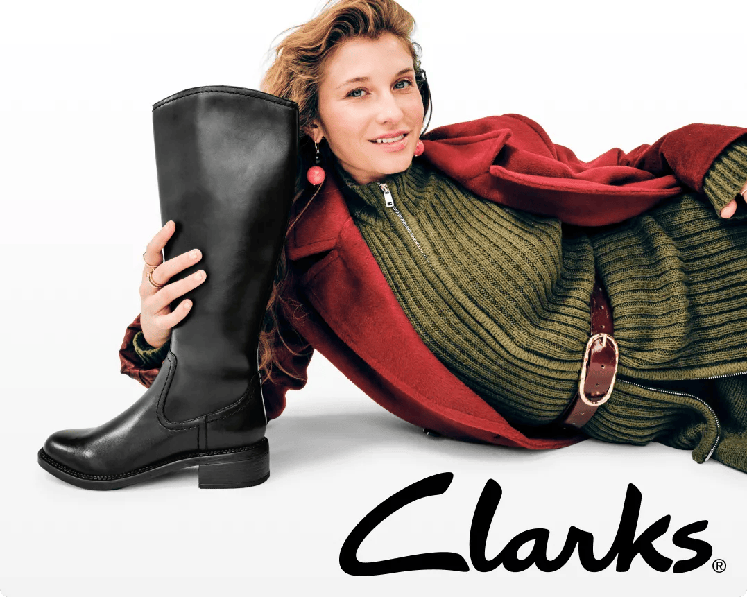 Featuring a woman with a pair of boots from Clarks