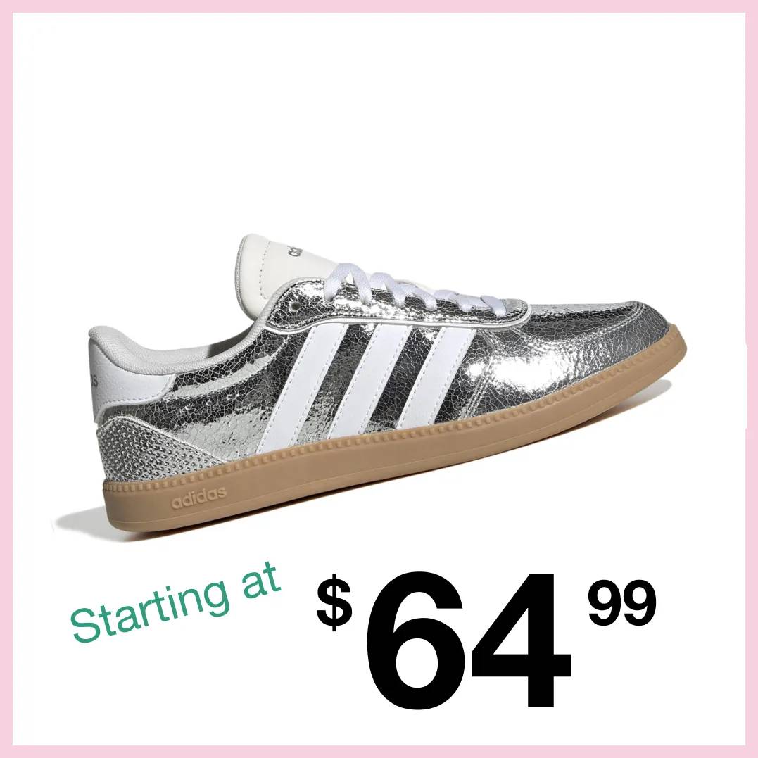 Featuring a silver court sneaker from adidas.