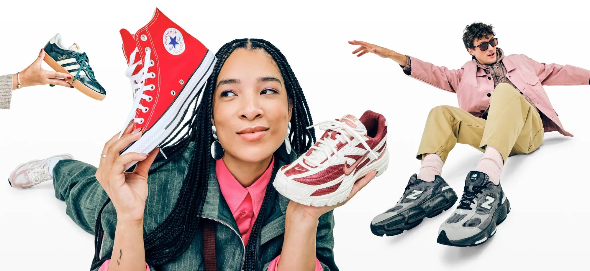 Male and female model wearing and holding different fashion sneakers for winter, including Nikes, New Balances, Converse, and Adidas.