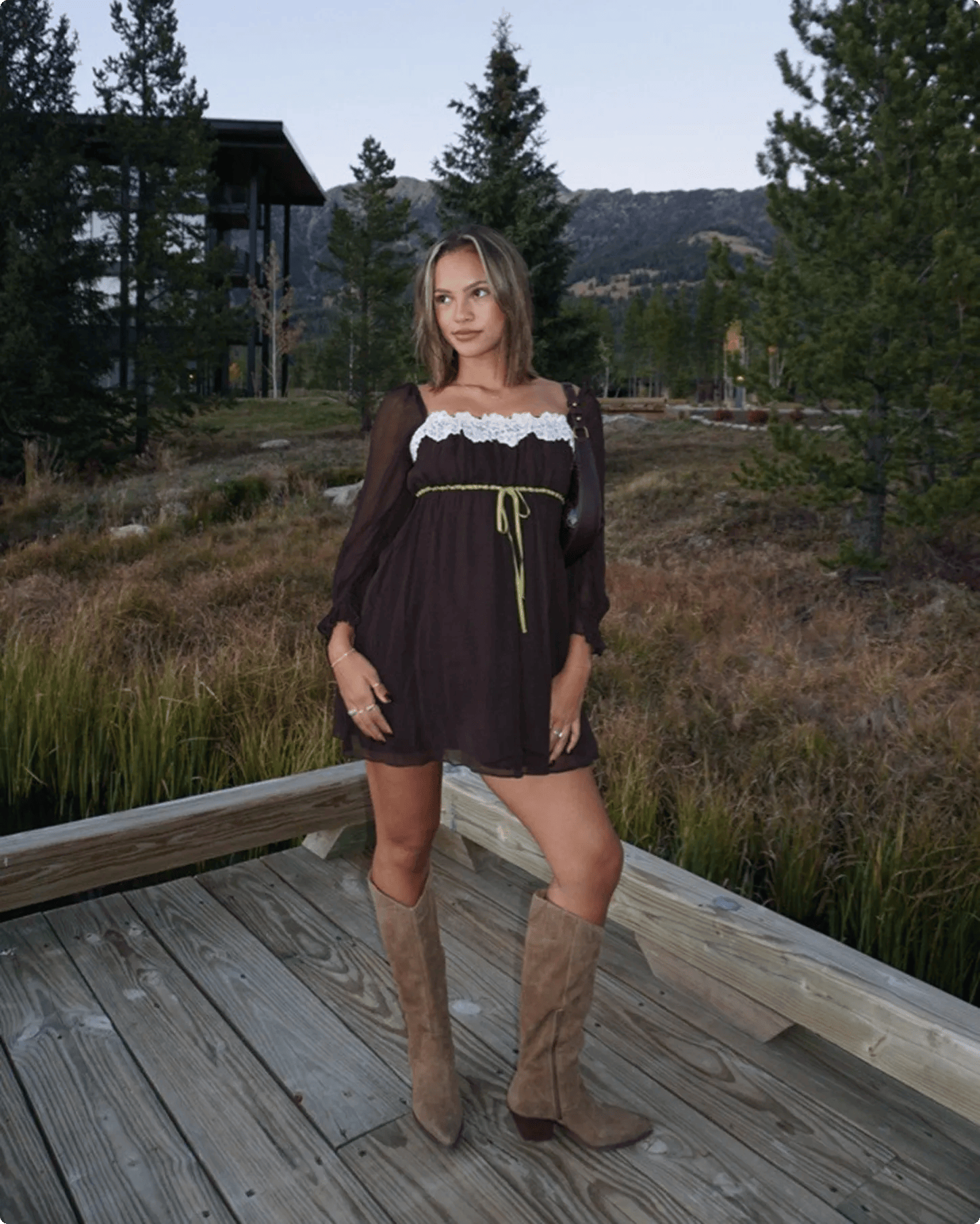 Featuring Alexe Godin wearing tall brown boots.