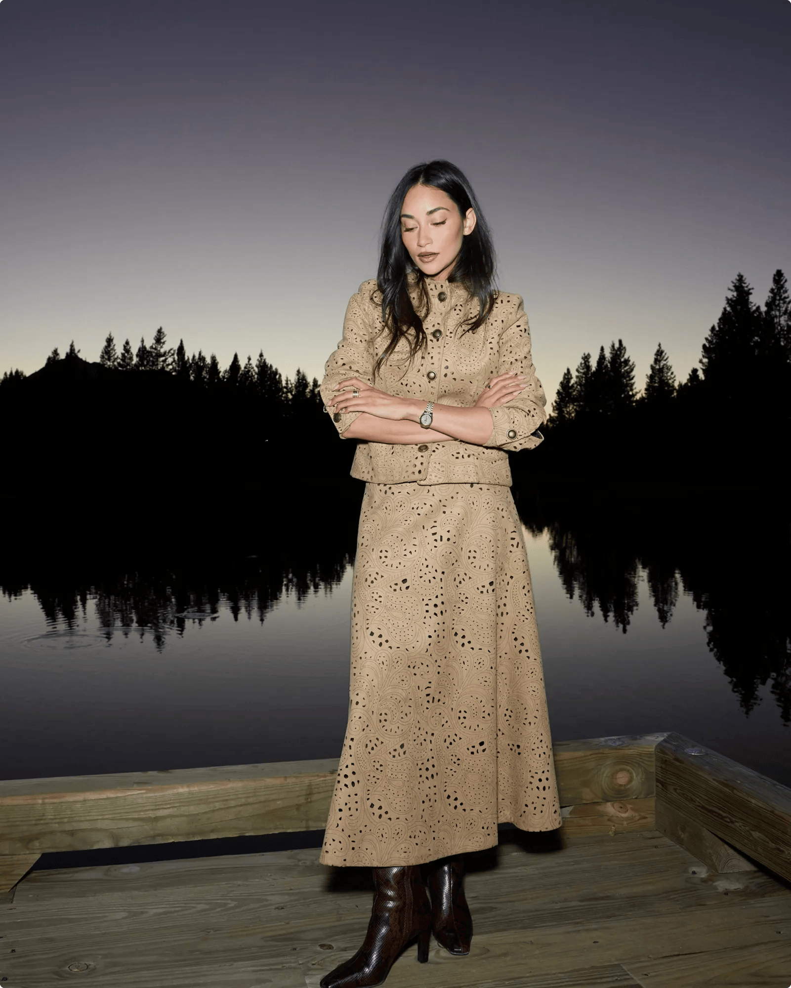 Featuring Barbarah William wearing brown studded clogs.