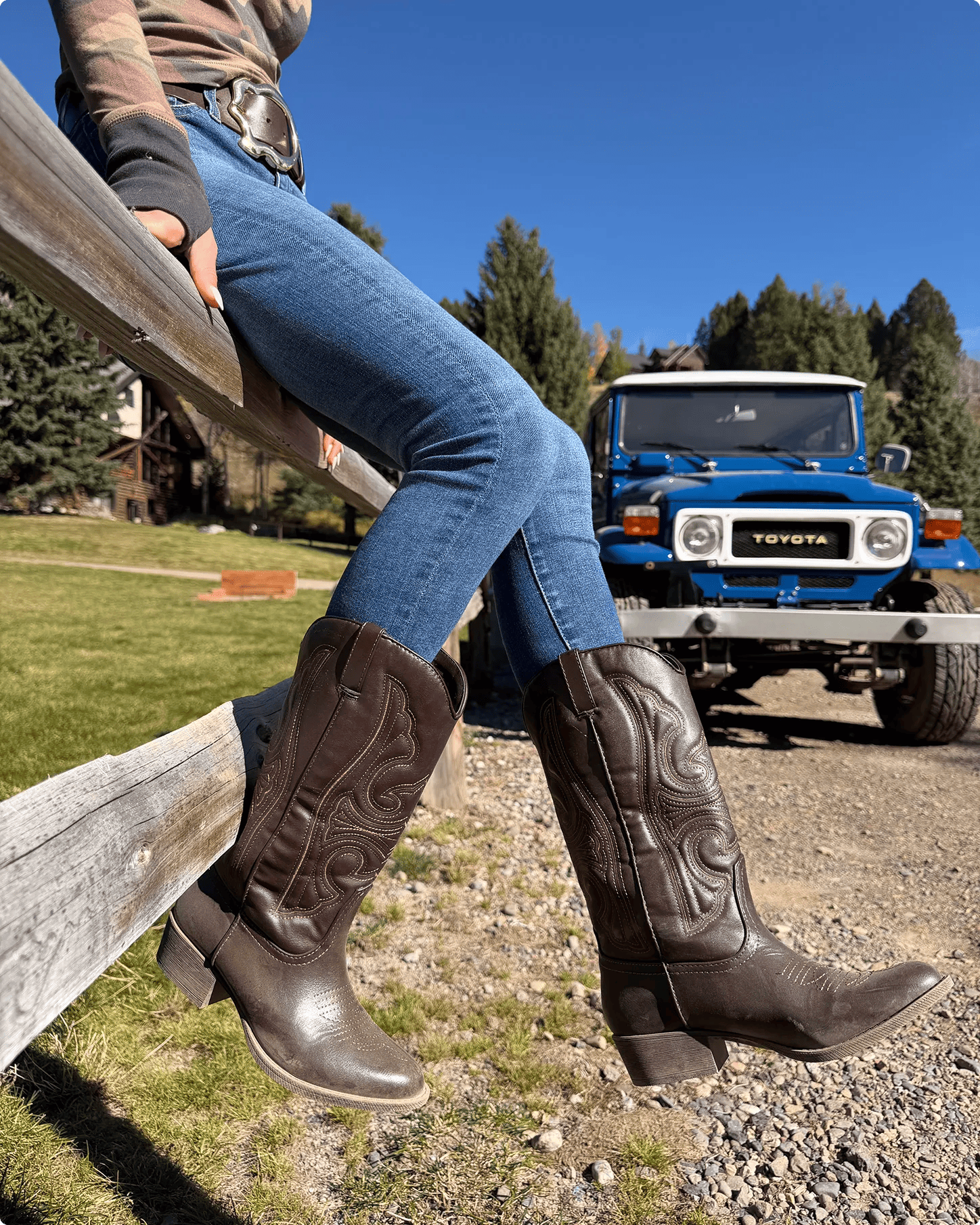 Featuring Zarah Kelleher wearing a tall cowboy boots.
