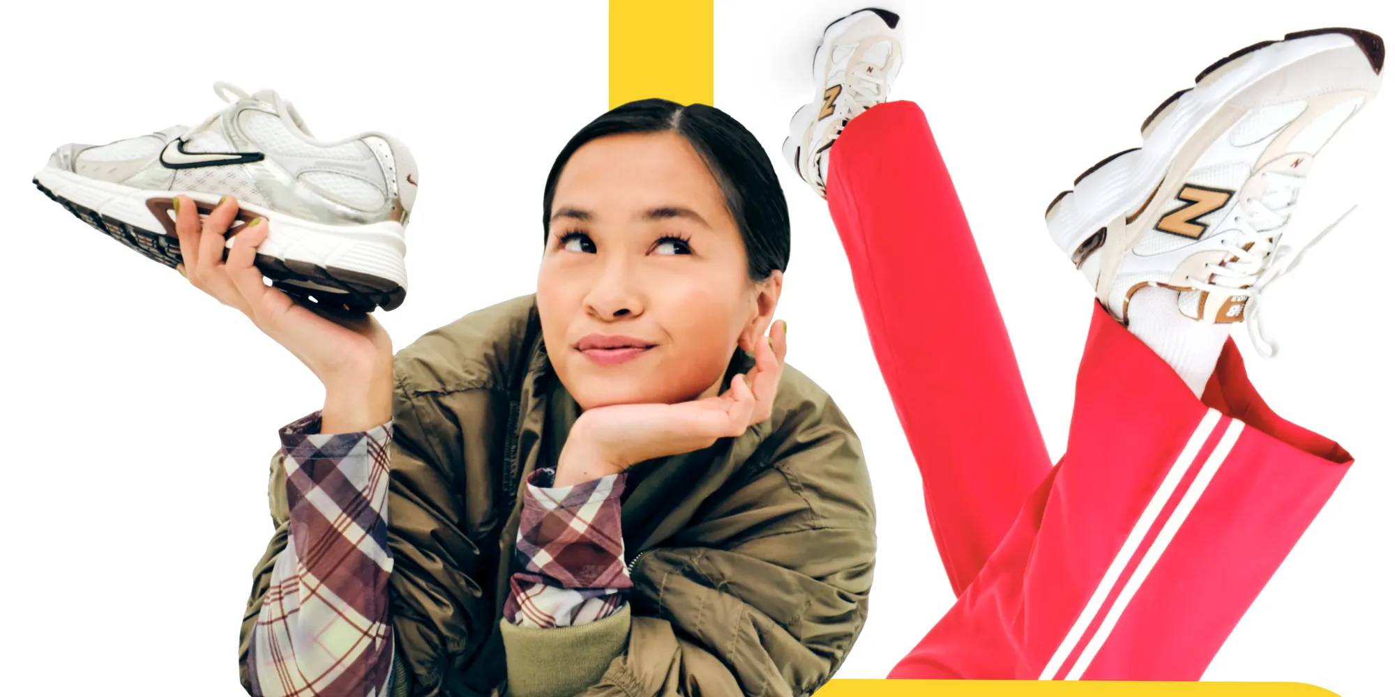 Featuring a model holding and styling Nike & New Balance Sneakers.