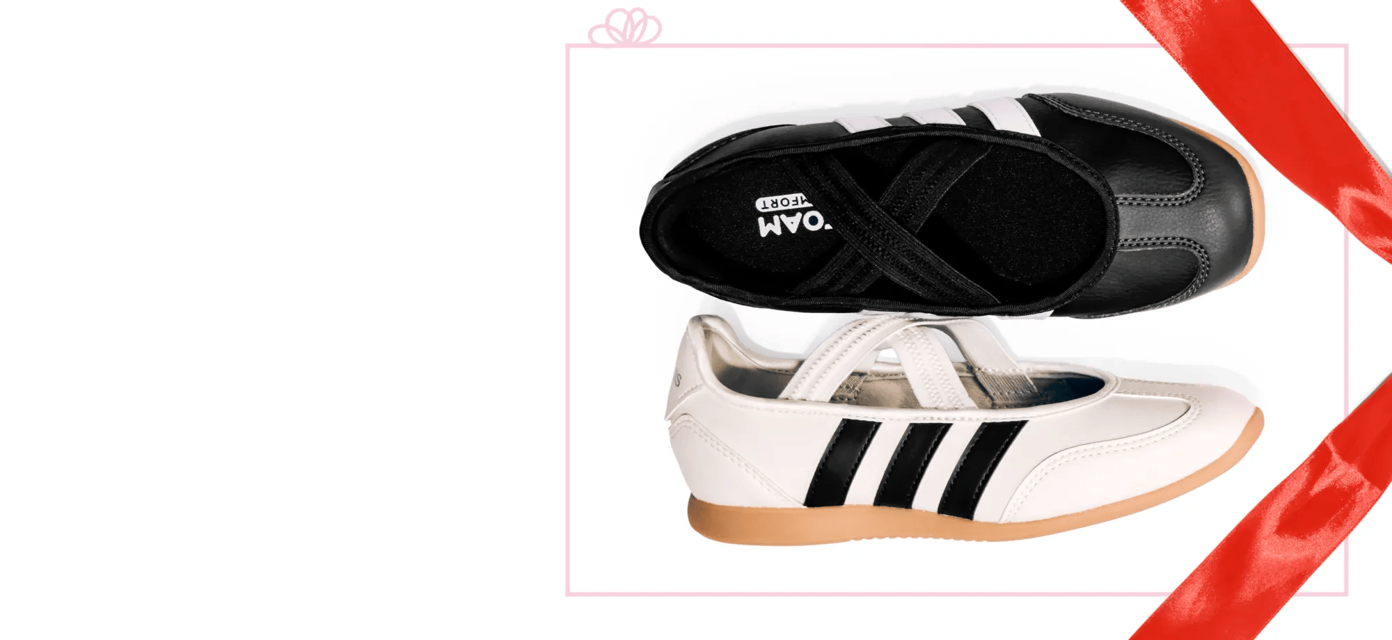 Featuring black and white pairs of kids' sneakerinas.