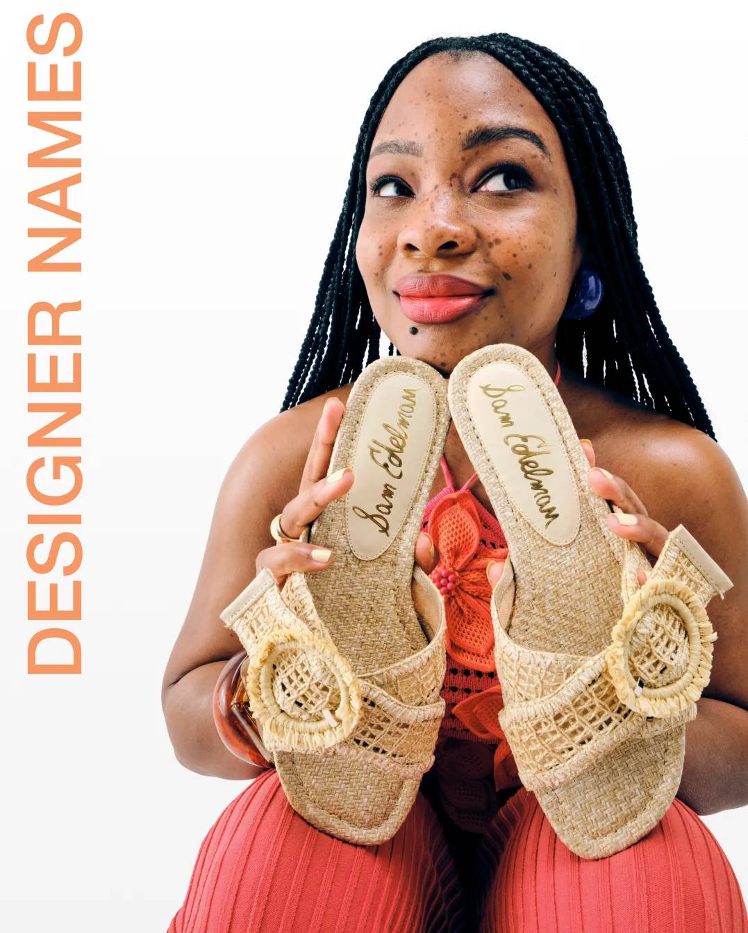 Featuring a woman holding a pair of Sam Edelman dress sandals.