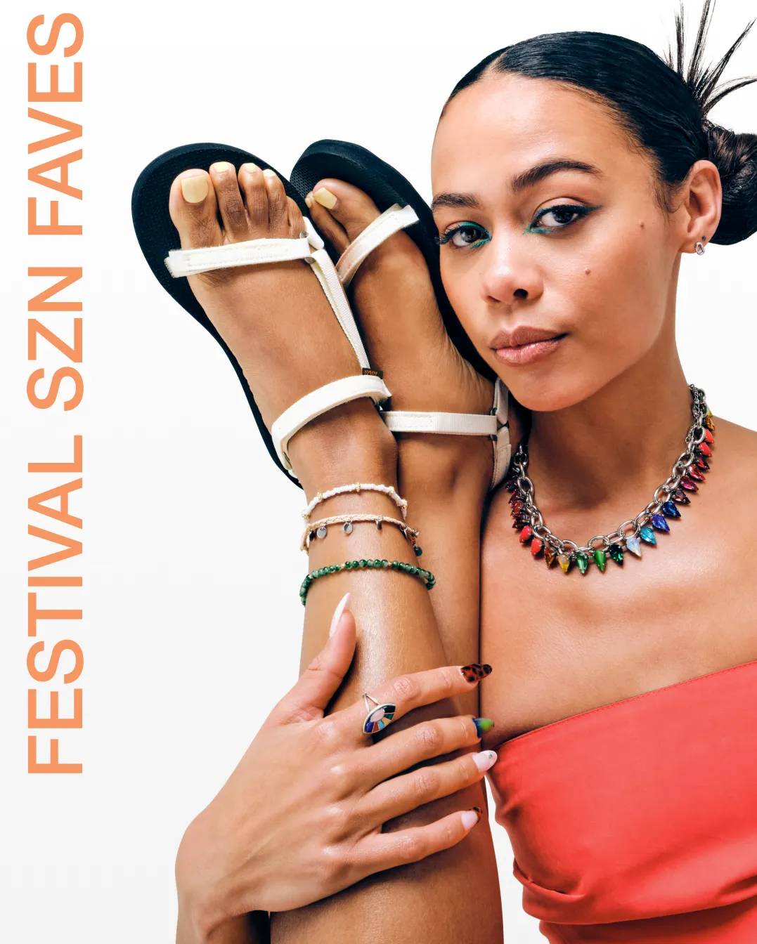 Featuring a woman wearing white sandals.