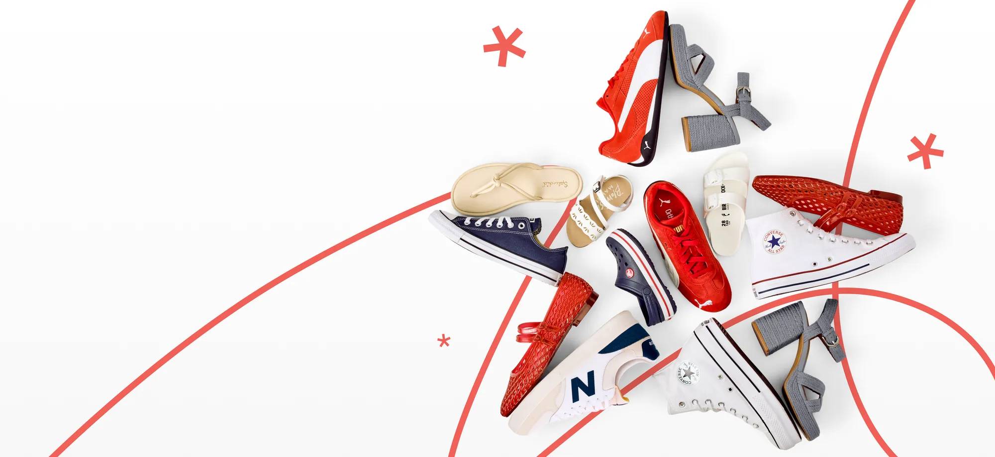 Featuring an assortment of red, white and blue shoes.