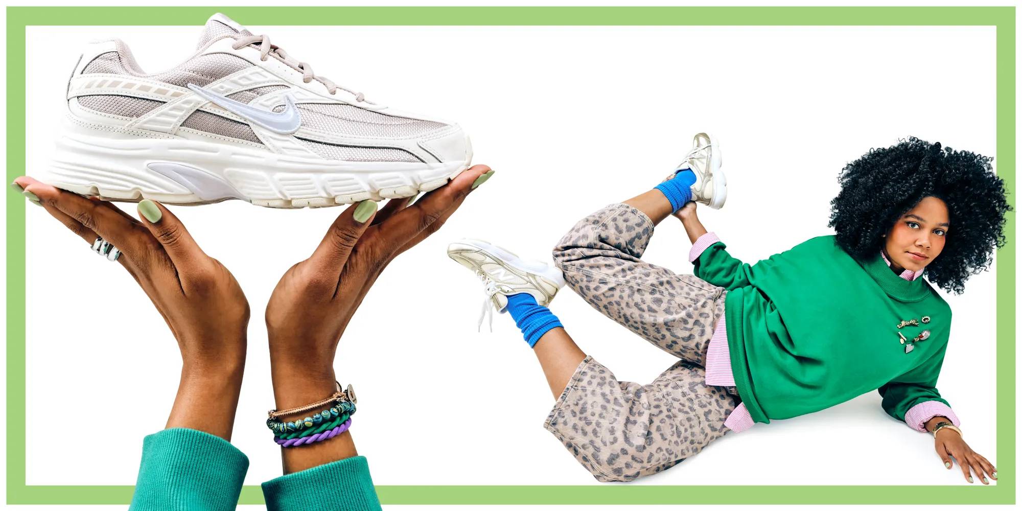 Featuring a model styling New Balance & Nike sneakers.