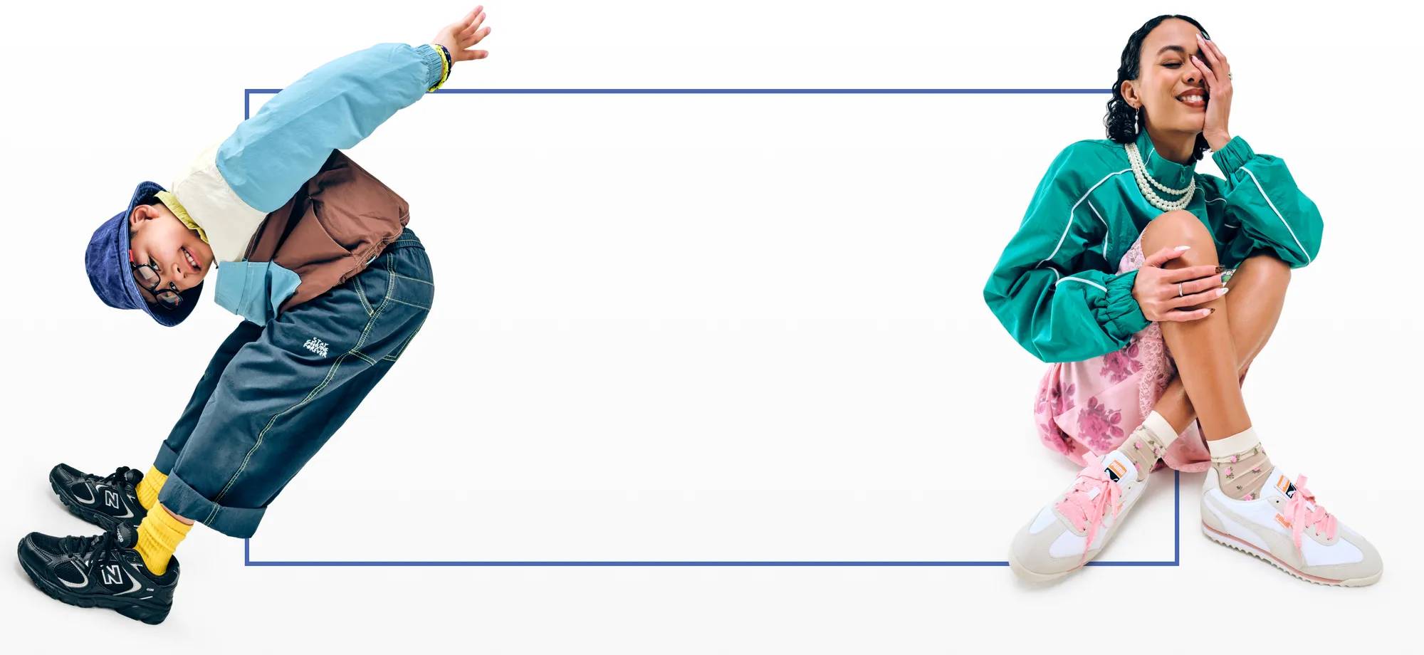 Featuring two models sporting athletic sneakers.