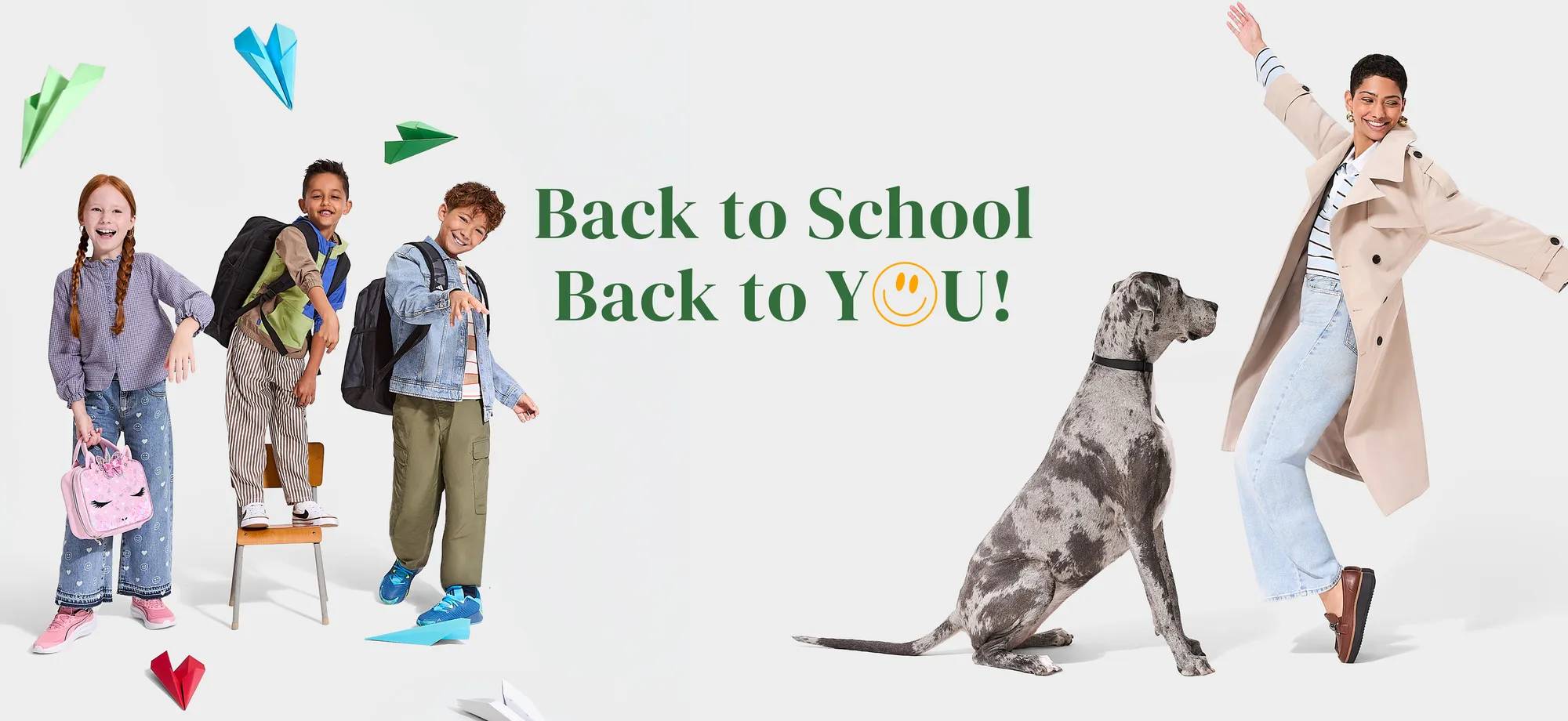 "Back to School, Back to YOU" 3 kids on the left throwing paper airplanes and a dog and its owner on the right