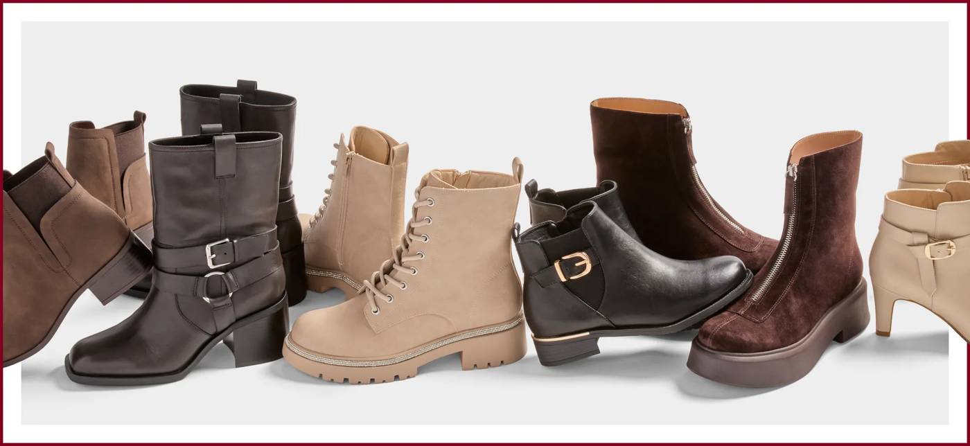 Different fall booties laid on white studio background