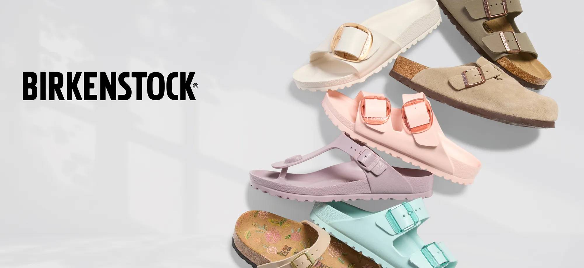 Several Birkenstock sandals in different colours