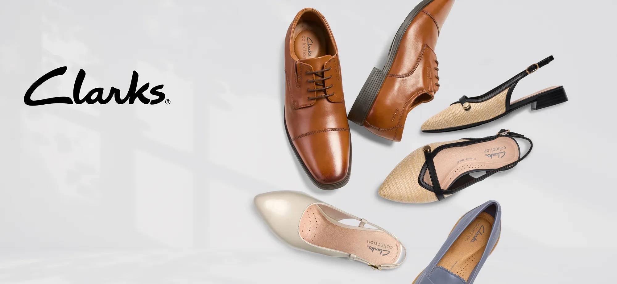 Different Clarks shoes including loafers, heels, and flats