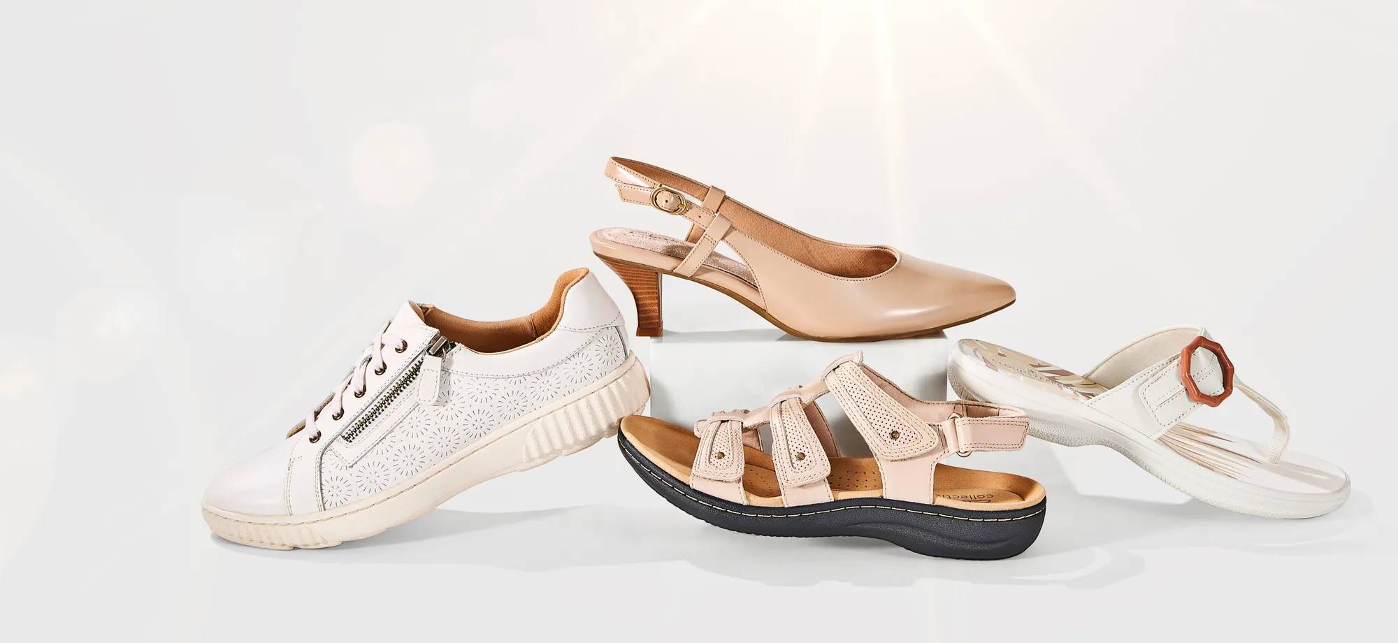 Different Clarks shoes including sandals, heels, and sneakers