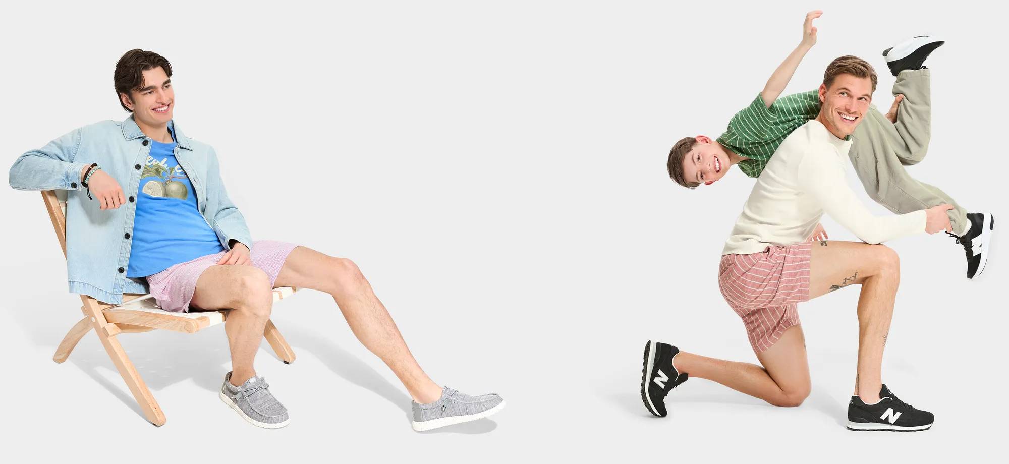 A man sitting in a chair wearing HEYDUDE shoes, A man wearing New Balance sneakers lifting up a boy wearing black sneakers
