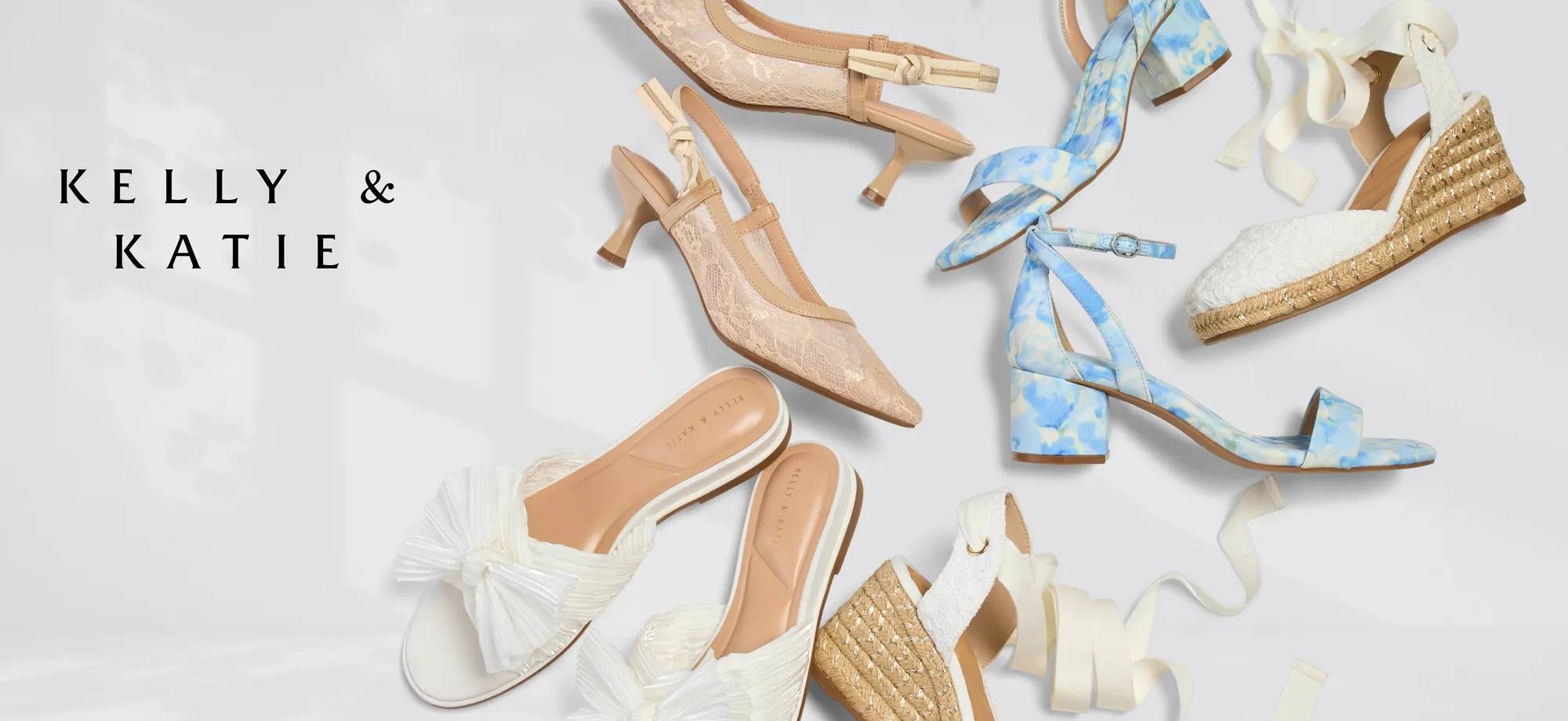 Different Kelly & Katie shoes including heels, wedge sandals, and flat sandals