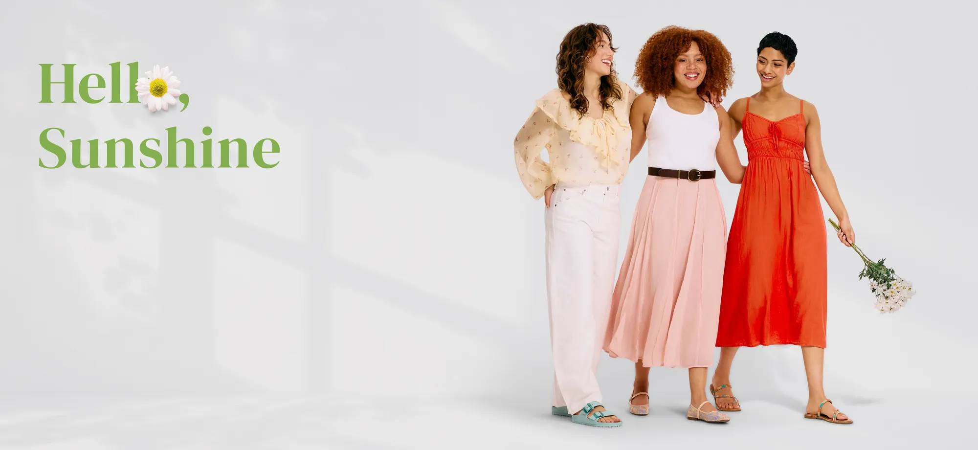 The words, "Hello Sunshine" in green above 3 women wearing sandals