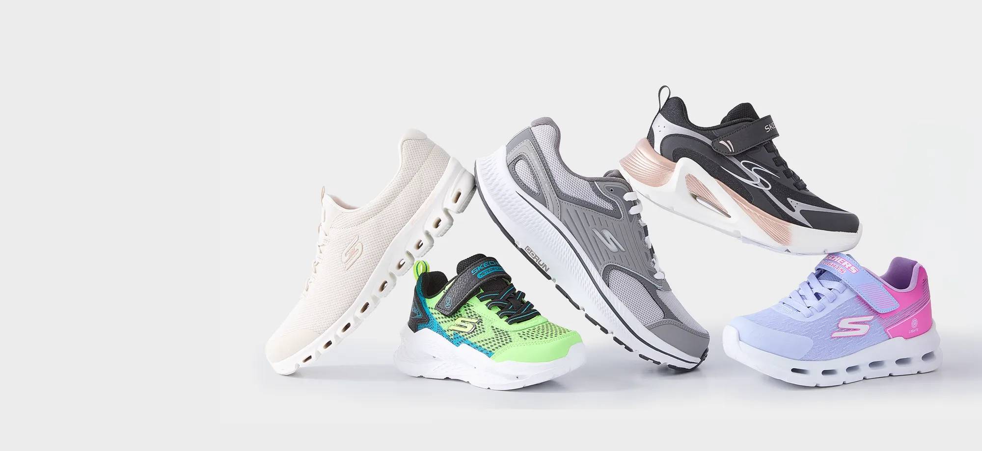 4 different coloured Skechers sneakers stacked on top of each other