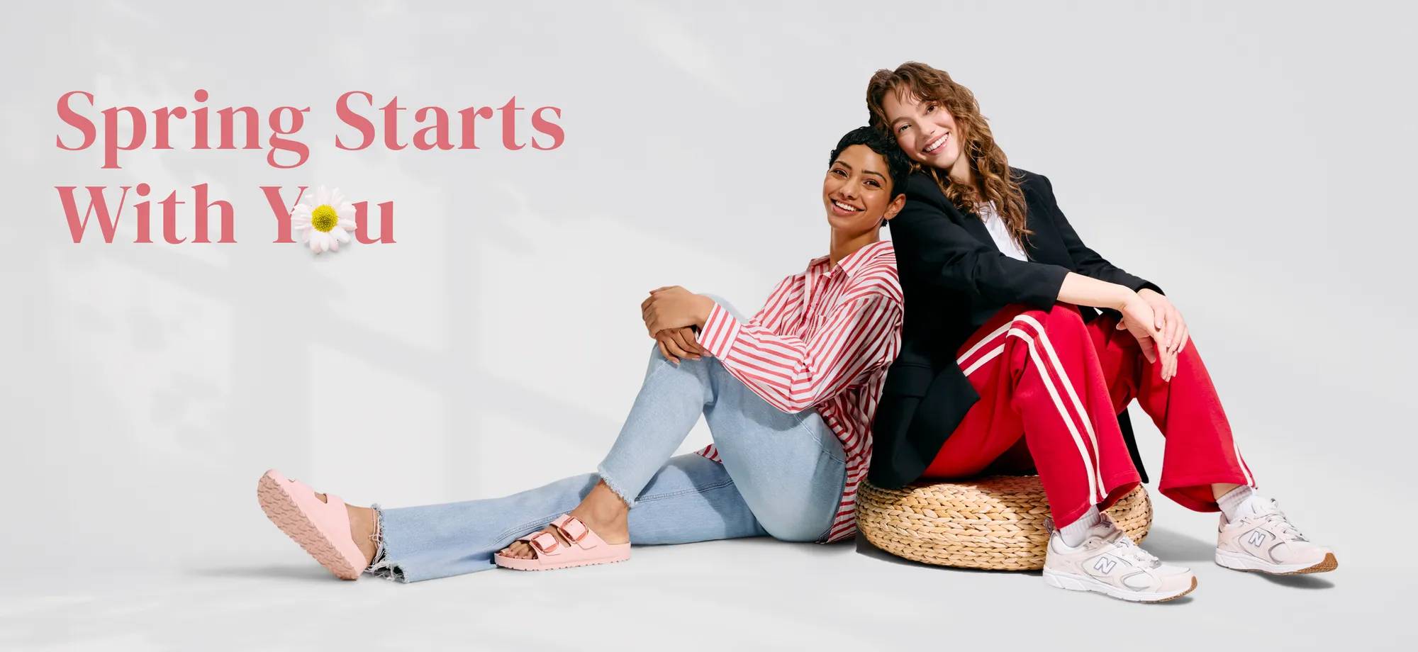 The words "Spring Starts With You" in pink with 2 ladies laughing together