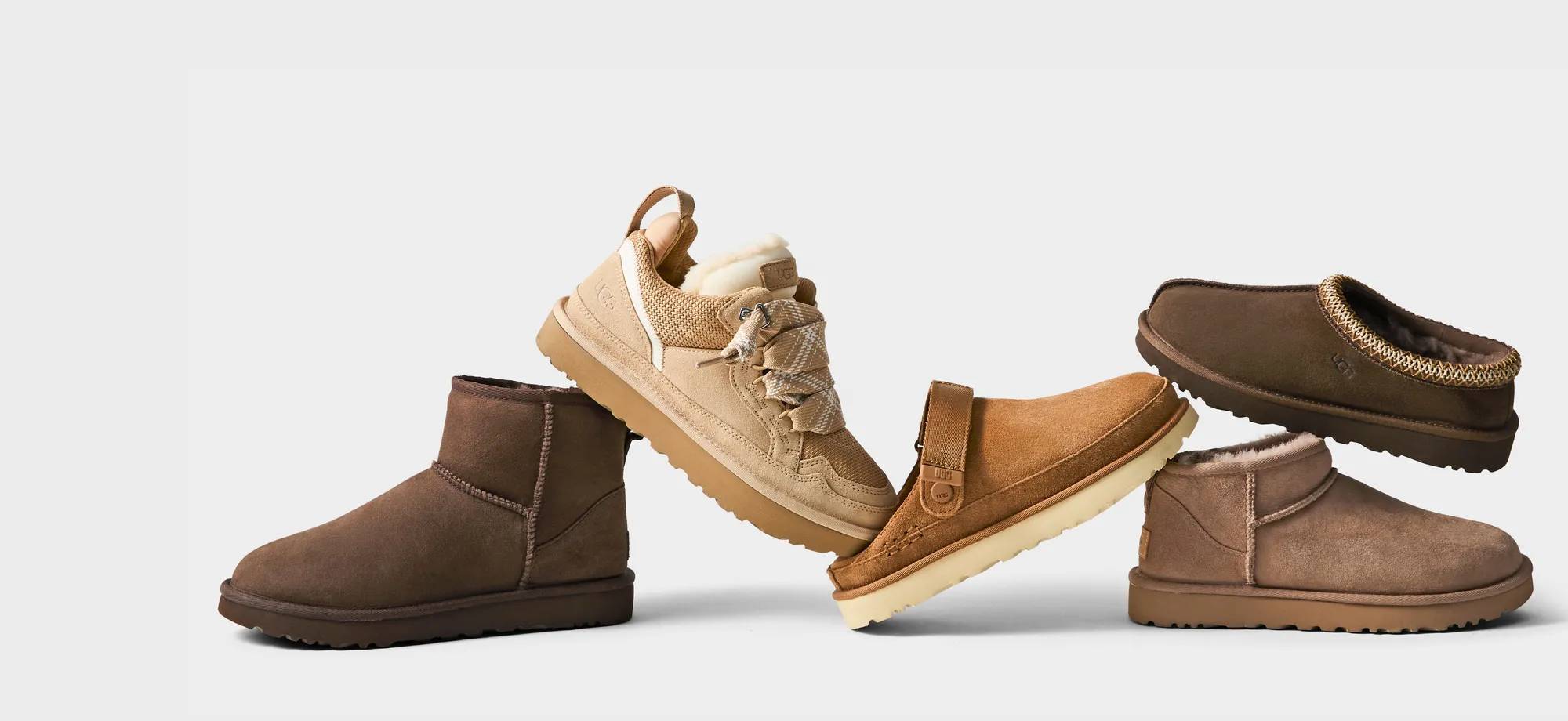 5 different UGG shoes stacked on top of each other
