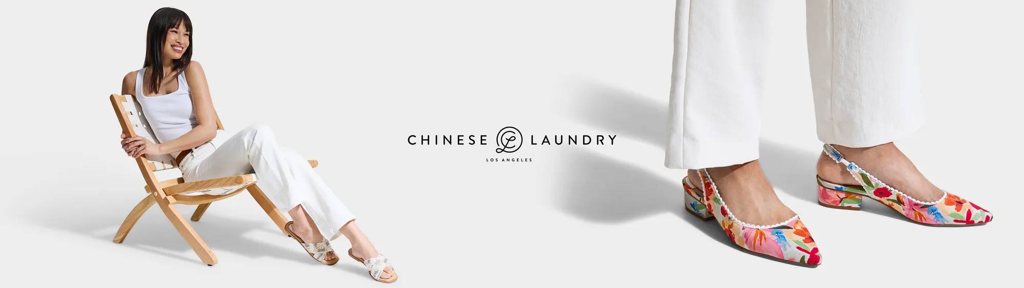 A woman lounges in a wooden chair wearing white wide-leg pants and neutral-toned sandals, while a close-up reveals vibrant floral flats under white pants, capturing Chinese Laundry's mix of bold and minimalist spring footwear.
