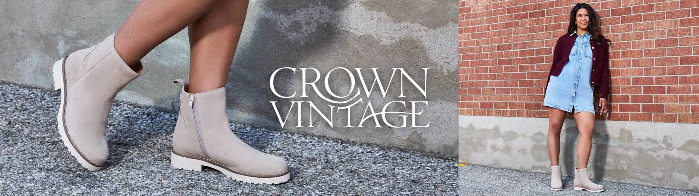 Model wearing Crown Vintage grey booties