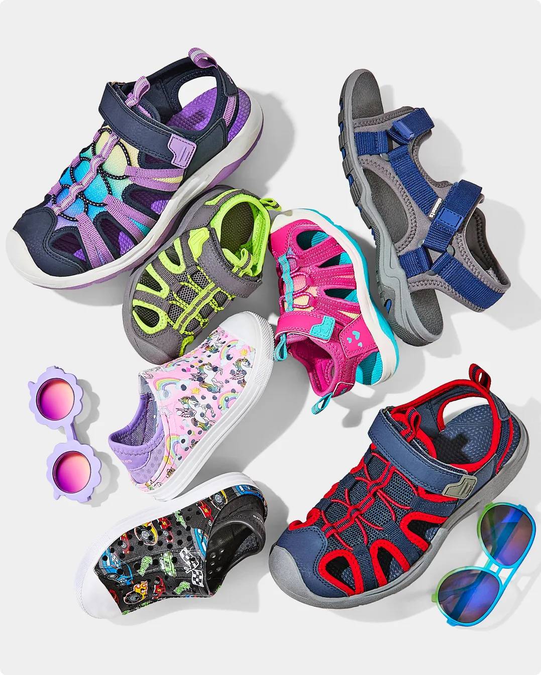 A variety of different kids' camp-ready sandals