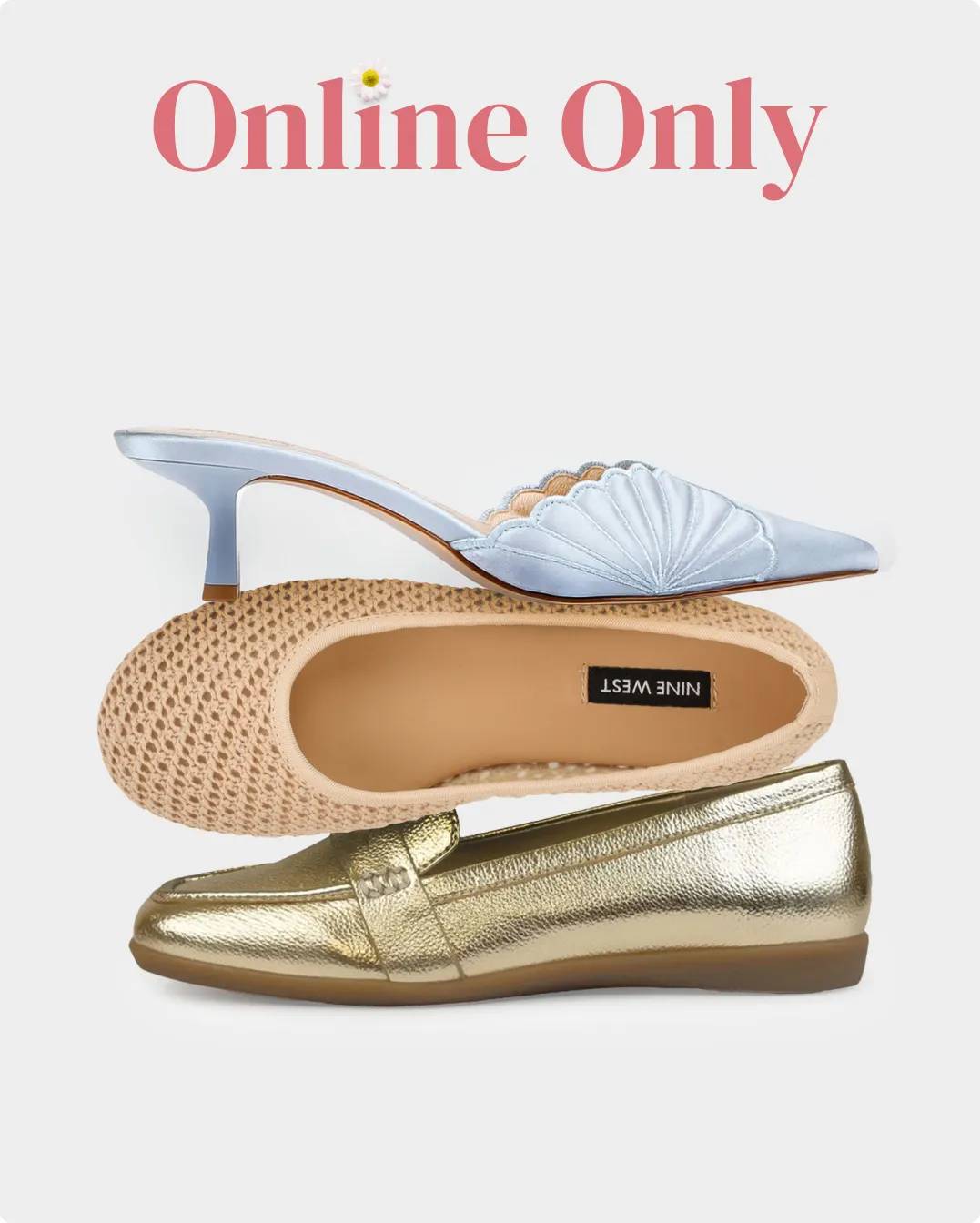 A light blue high heel, beige flat, and gold loafer stacked on top of each other