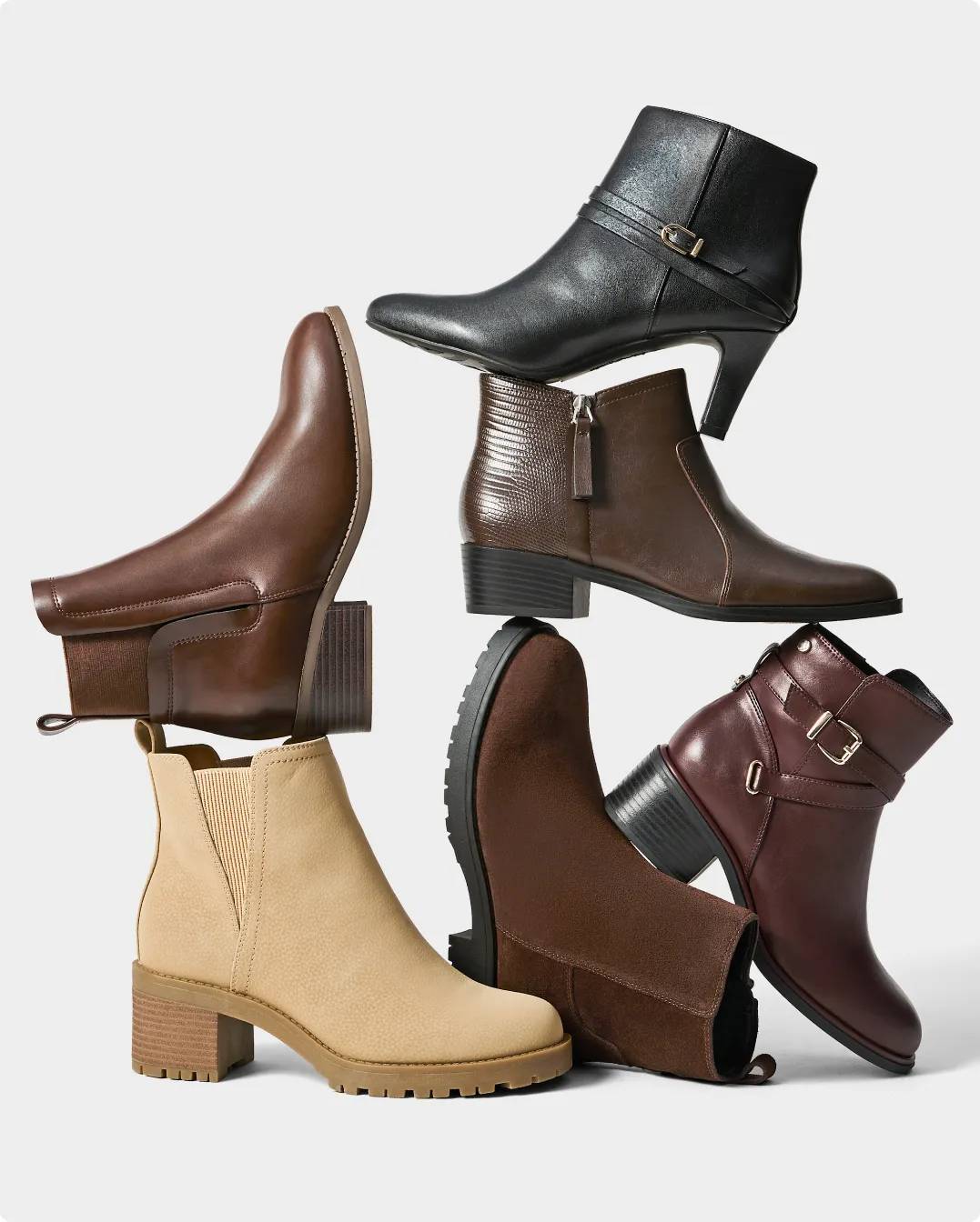 6 fall inspired booties stacked on each other
