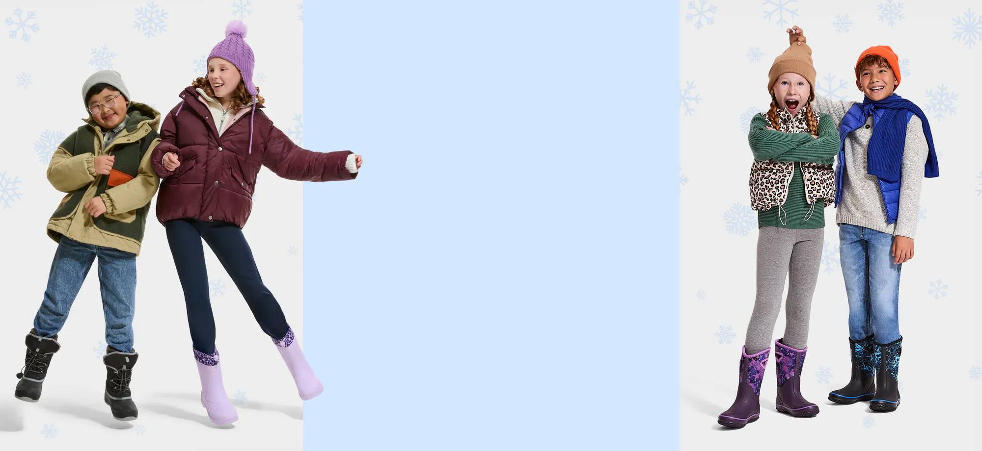 Kids in winter clothing and snow boots
