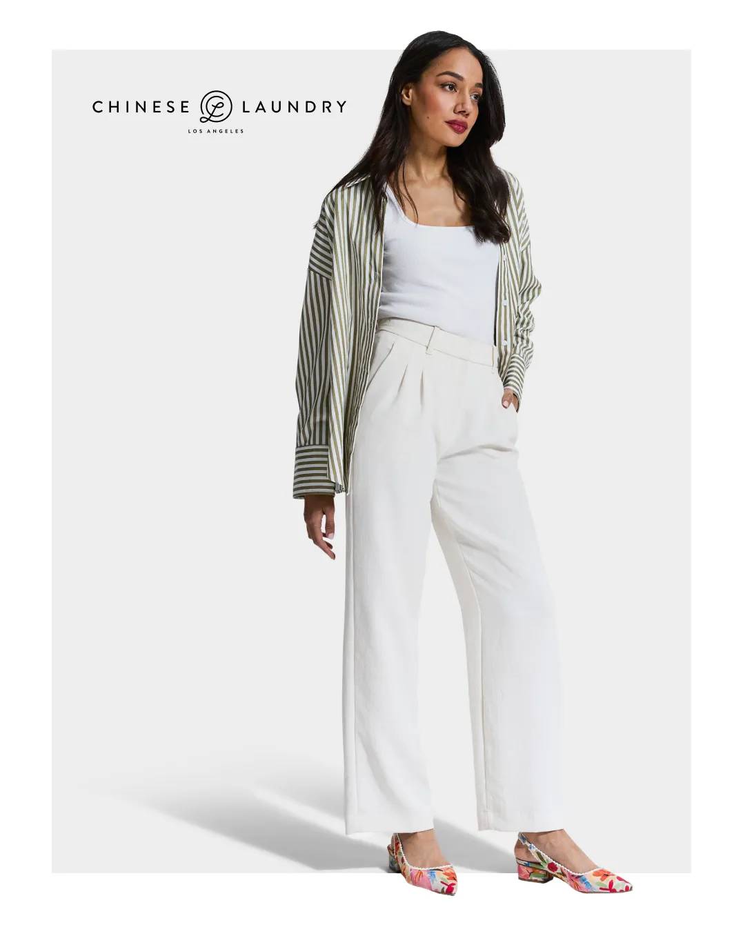 Woman modelling floral print Chinese Laundry heels