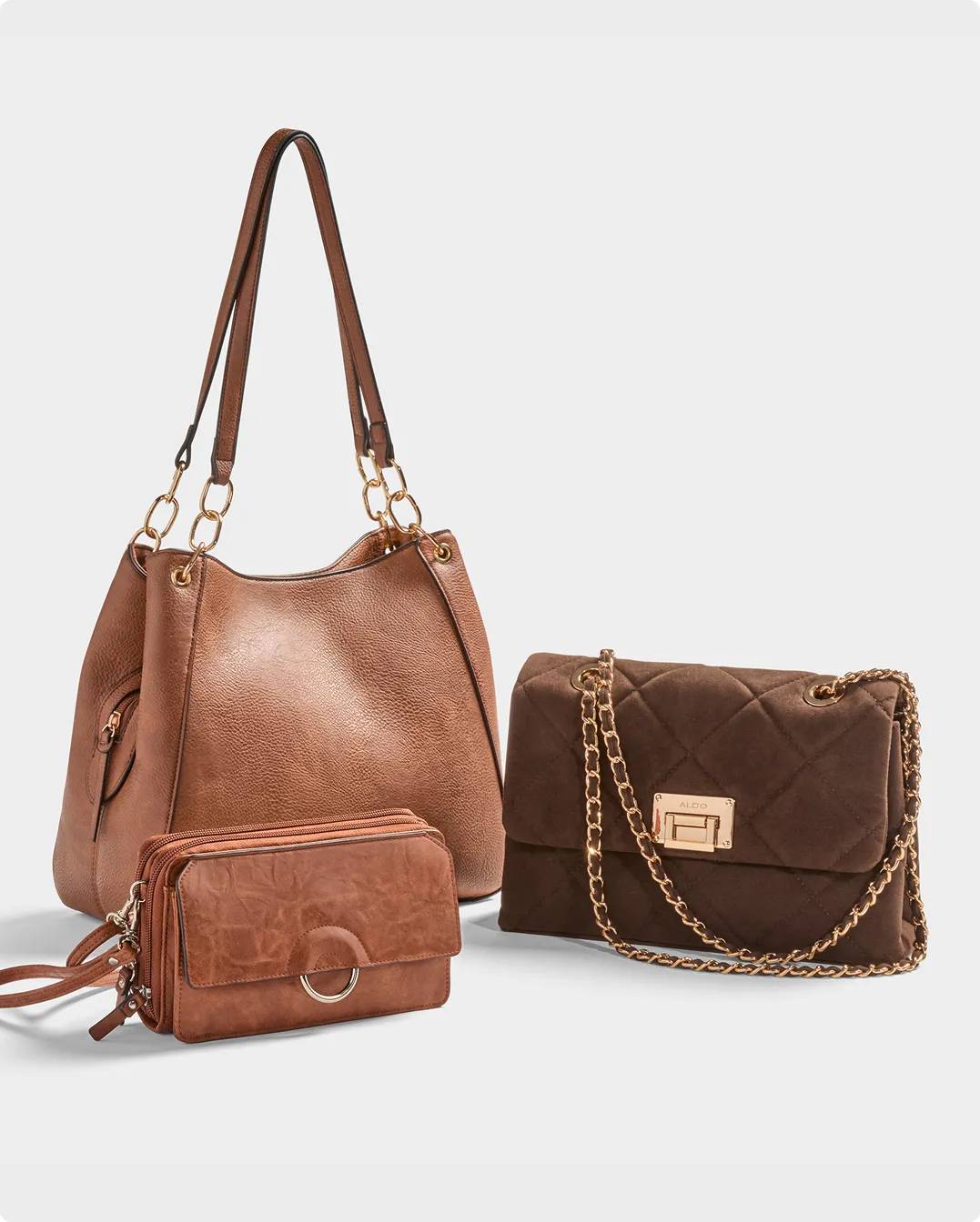 3 different shades of brown handbags