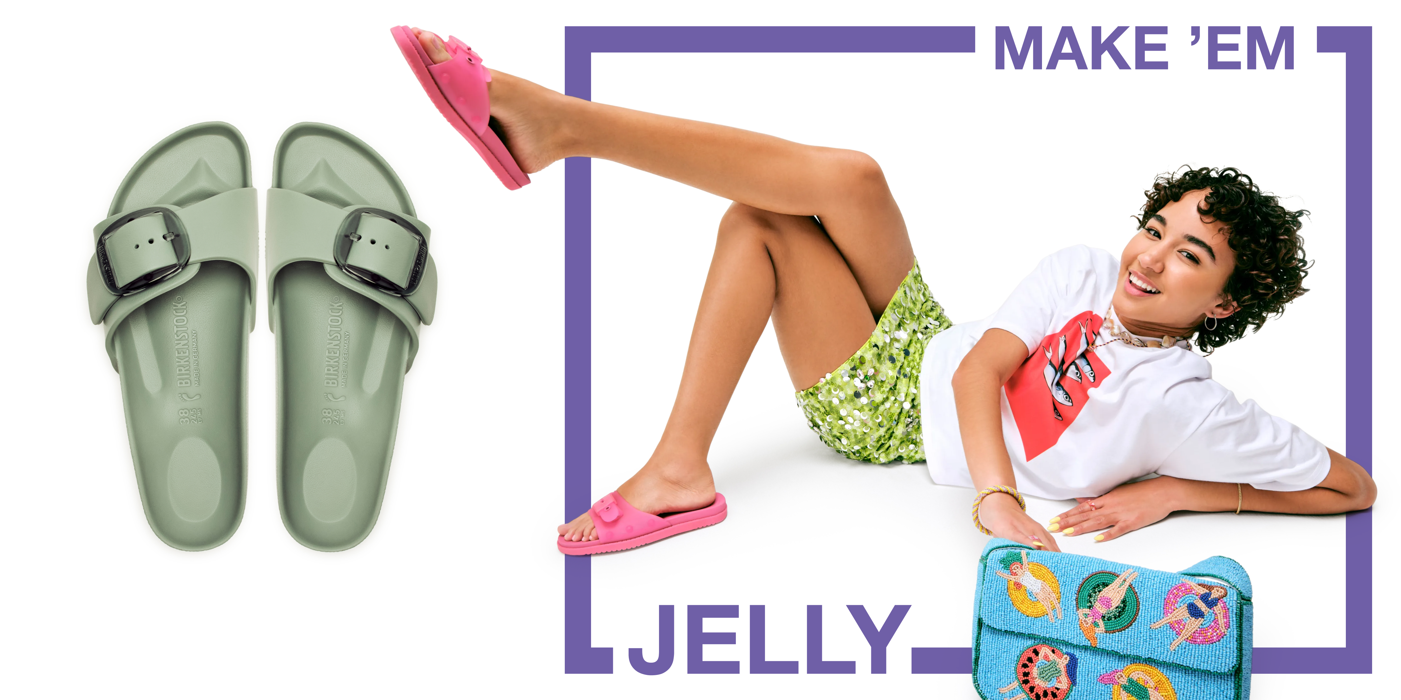 Featuring a model wearing jelly sandals & a green birkenstock slide sandal.