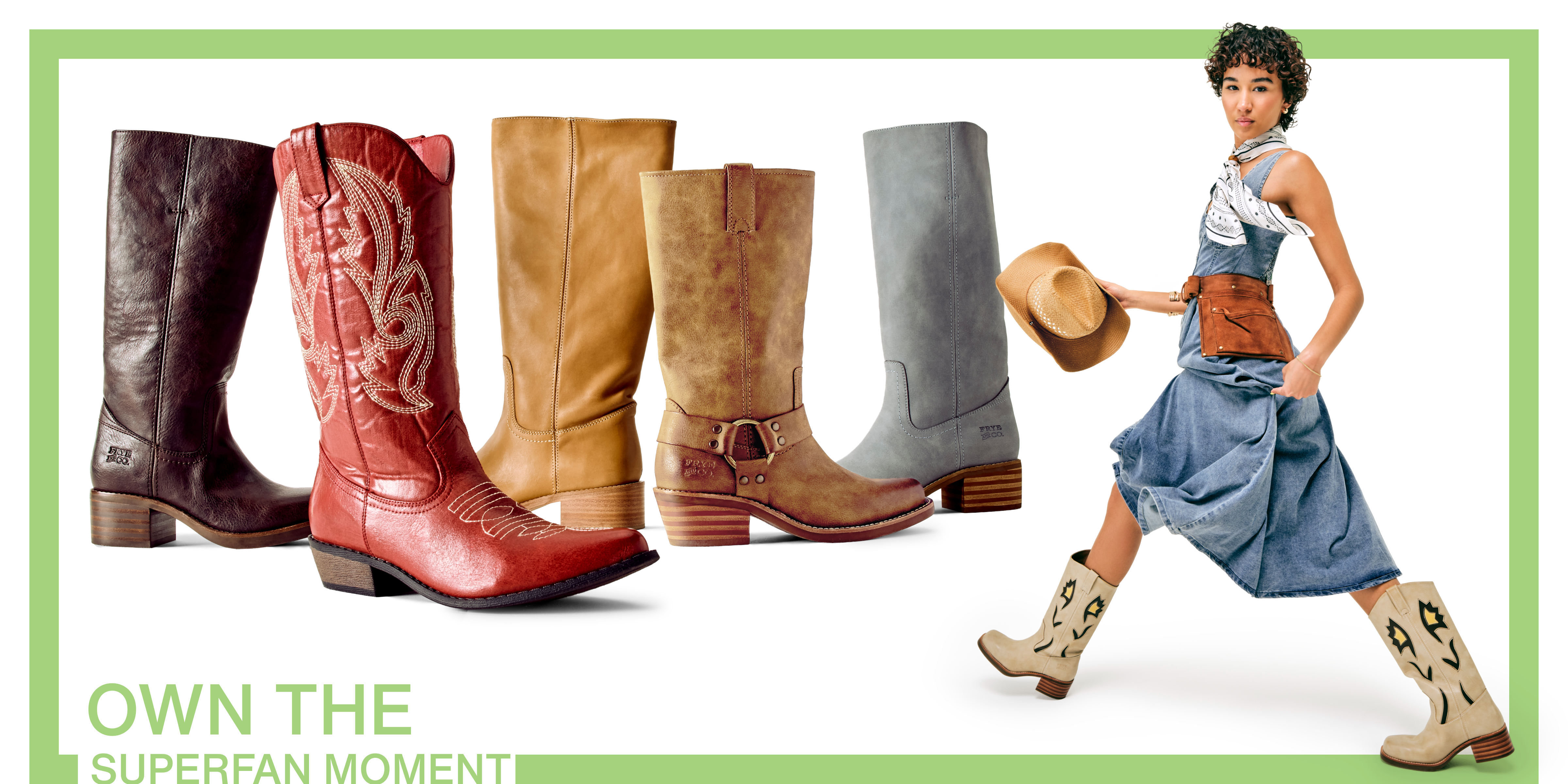 Featuring a variety of western boots & a model wearing one style.